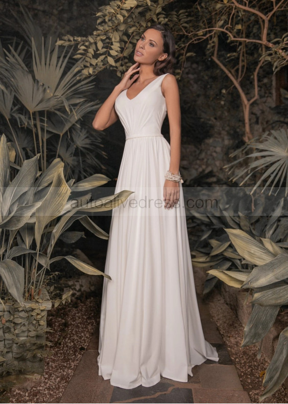 V Neck Ivory Satin Minimalist Wedding Dress With Lace Jacket